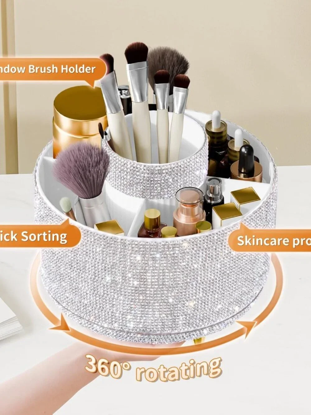 Diamond Look Bling 2 Tier Round Rotating Makeup Brush Holder